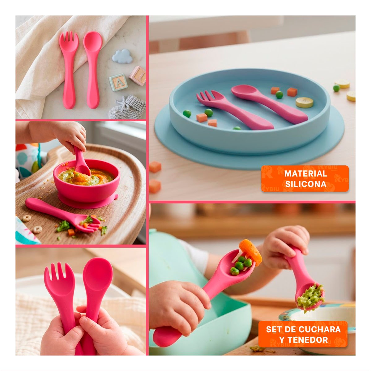 CONJUNTO INFANTIL EN COLOR ROSADO CON CUCHARA Y TENEDOR MATERIAL SILICONA Y+POST IT - 1