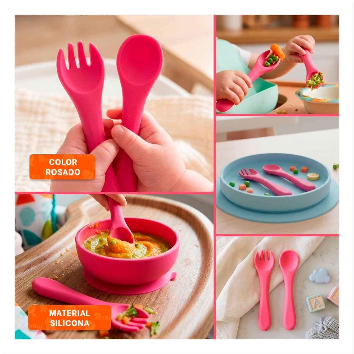CONJUNTO INFANTIL EN COLOR ROSADO CON CUCHARA Y TENEDOR MATERIAL SILICONA Y+POST IT - 5