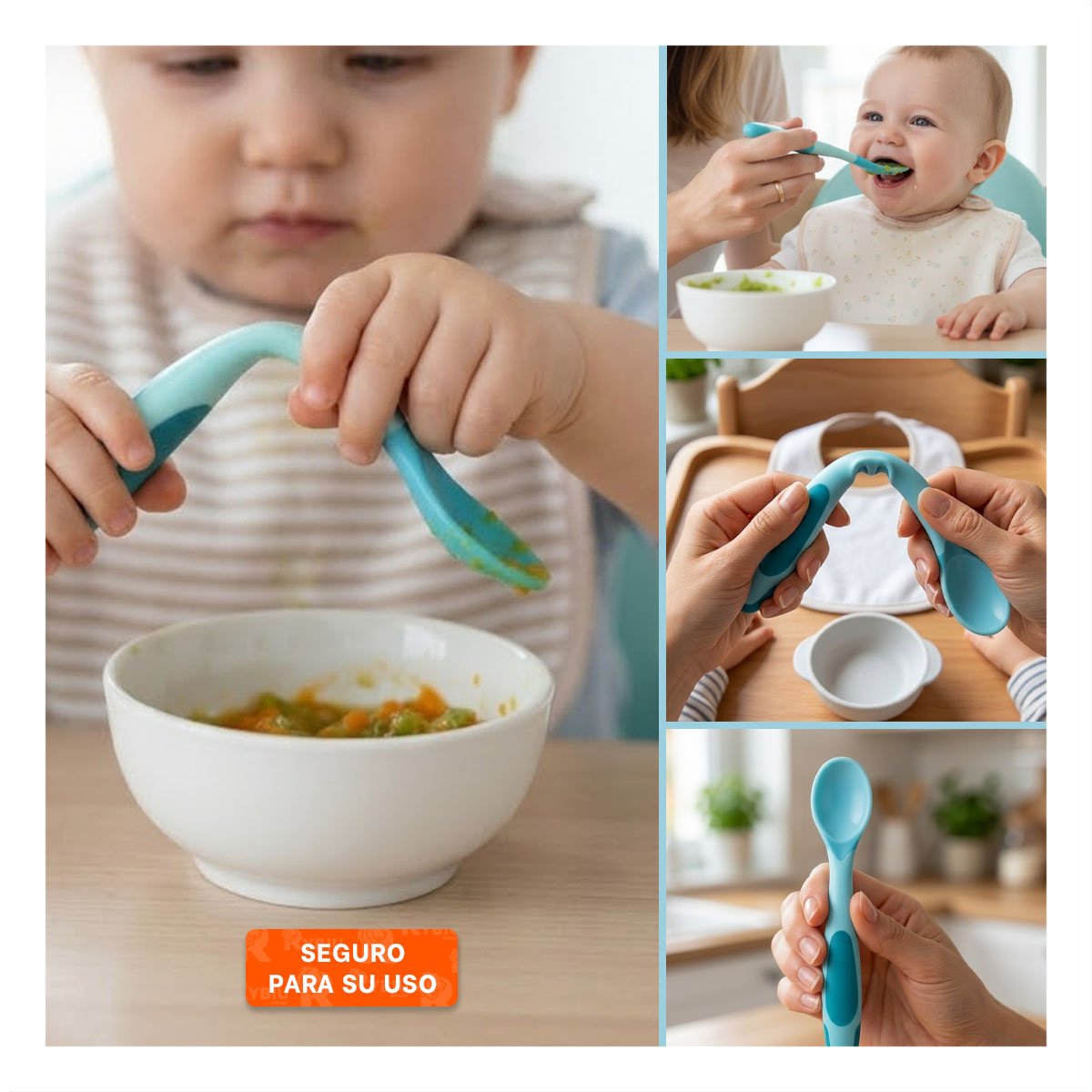 UTENSILIO INFANTIL DE SILICONA EN COLOR CELESTE PARA ALIMENTACION Y+POST IT - 5