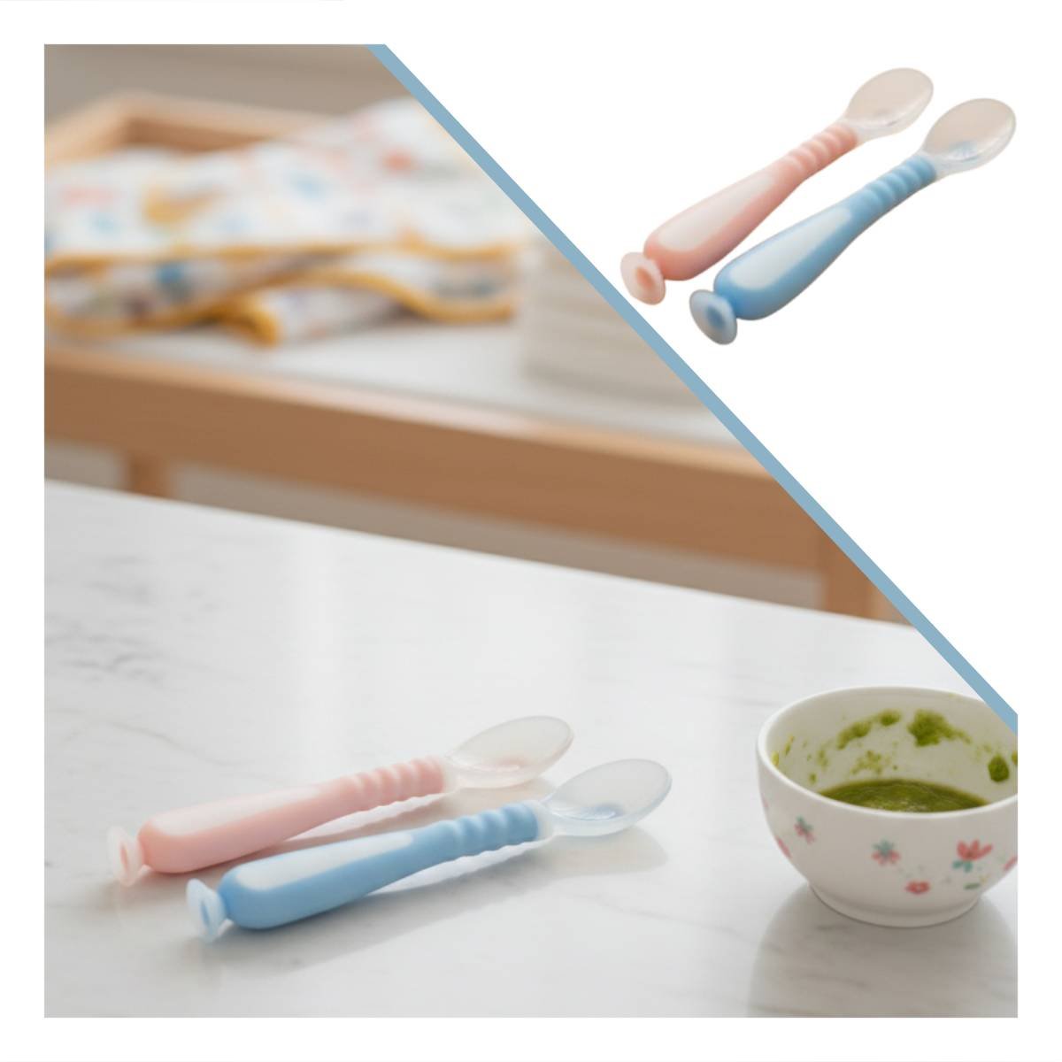 SET COMPLETO CELESTE Y ROSADO CON 2 CUCHARAS Y BASE VENTOSA MAS ESTUCHE Y+LIGAS REGALO - 3