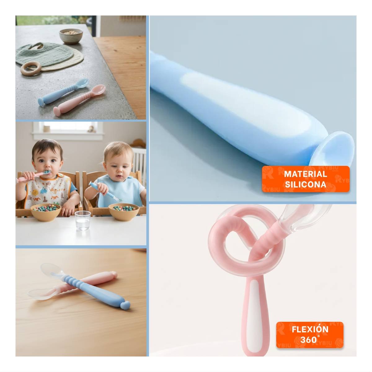 SET COMPLETO CELESTE Y ROSADO CON 2 CUCHARAS Y BASE VENTOSA MAS ESTUCHE Y+LIGAS REGALO - 5