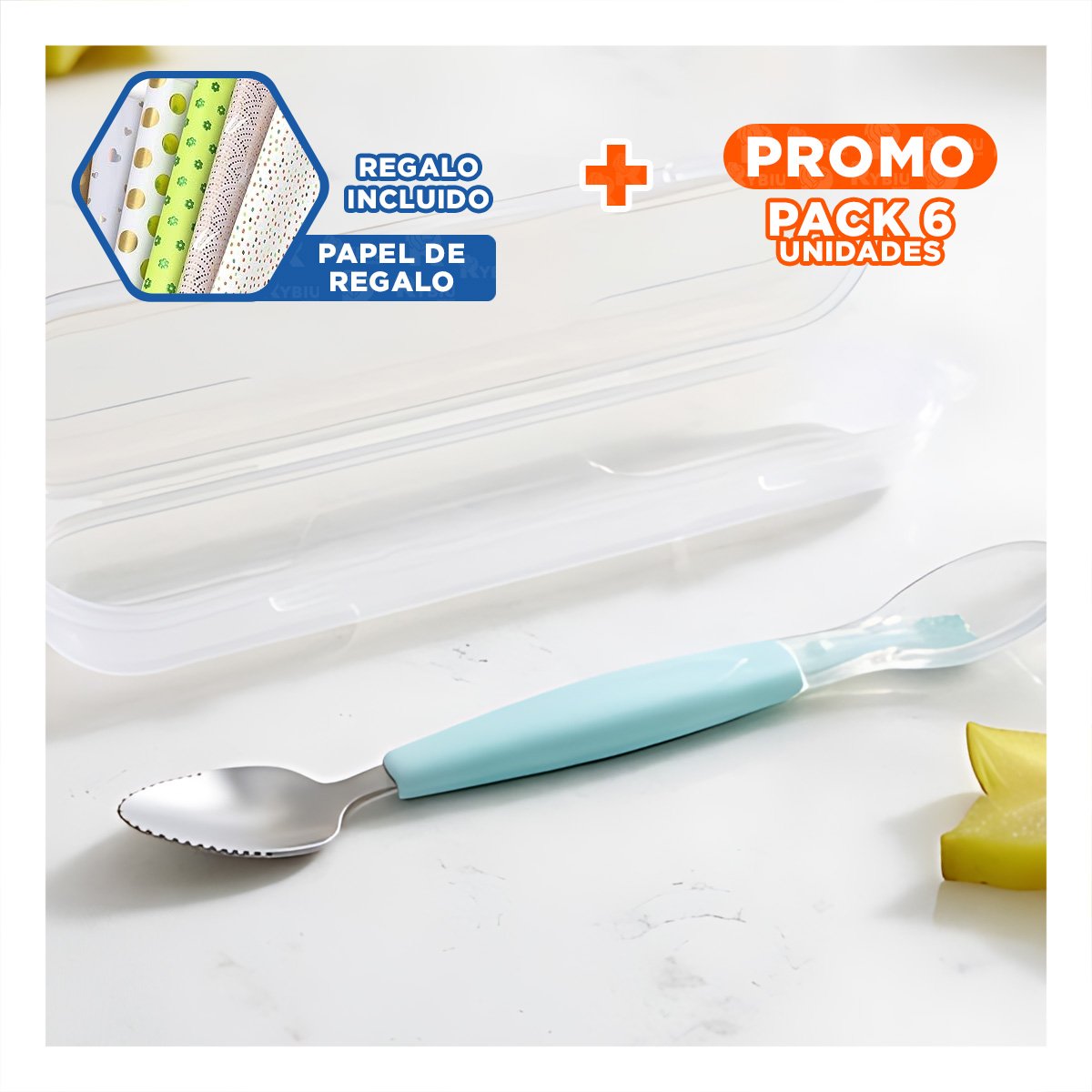 PACK6 ACCESORIO DOBLE RASPADOR EN COLOR VERDE AGUA CON ESTUCHE TRANSPARENTE Y+PAPEL REGALO - 1