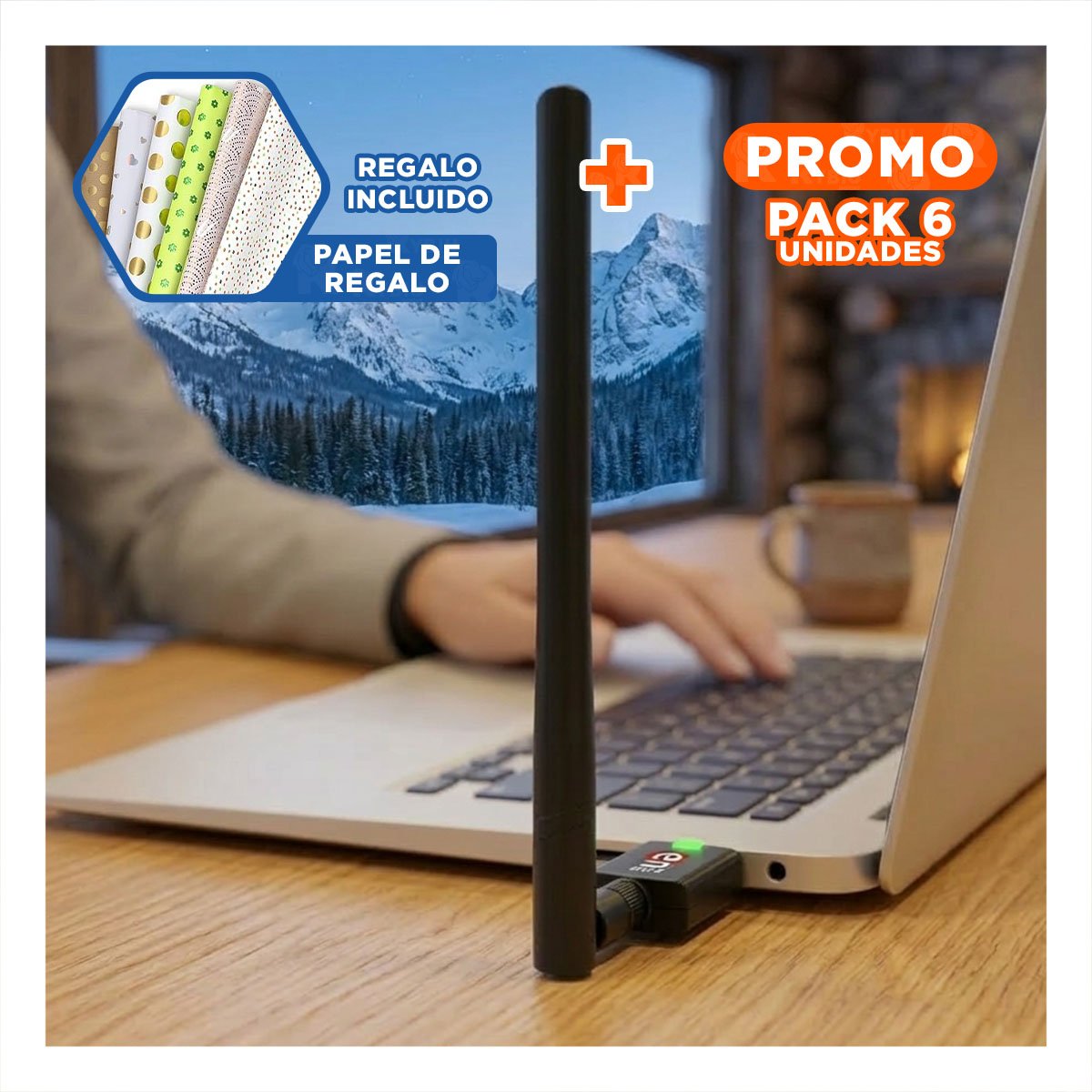 PACK6 CONECTOR WIFI USB LIGERO COMPATIBLE CON PC Y LAPTOP NEGRO Y+REGALO STICKER - 1