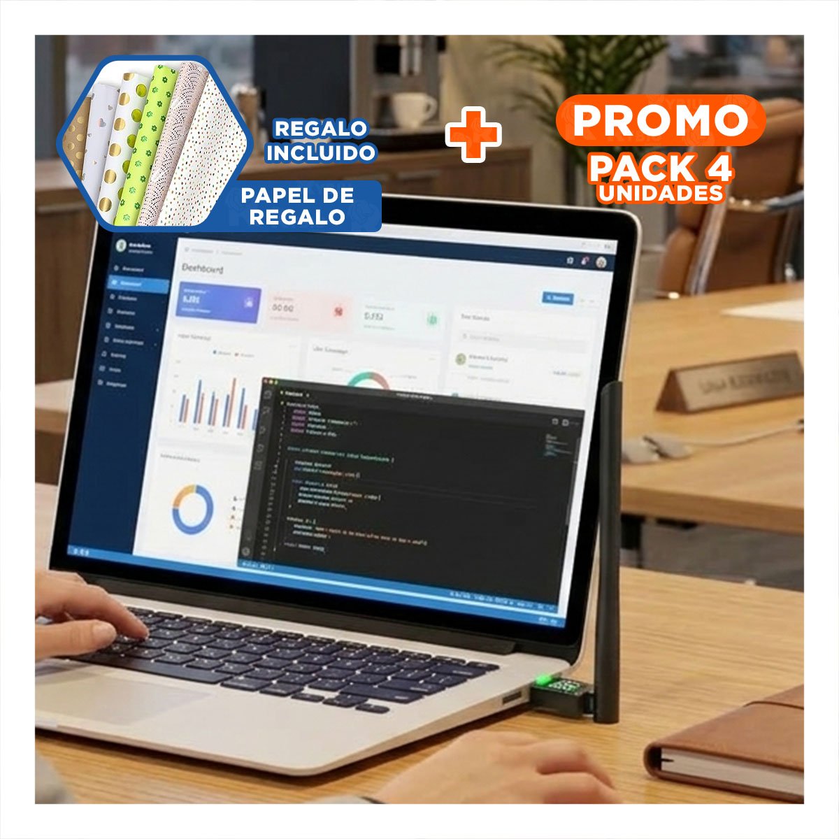 PACK4 ADAPTADOR USB WIFI DURABLE COMPATIBLE CON LAPTOP Y PC COLOR NEGRO Y+PAPEL REGALO - 1