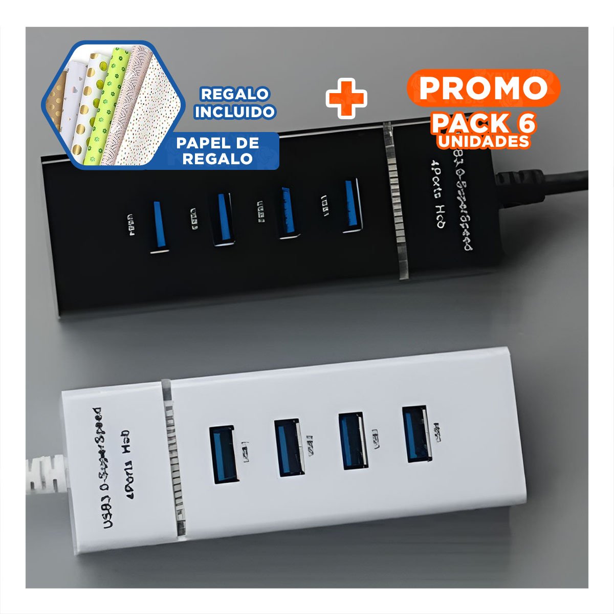 PACK6 ADAPTADOR HUB 303 NEGRO 4 ENTRADAS PARA OFICINA Y DISPOSITIVOS Y+REGALO STICKER - 1