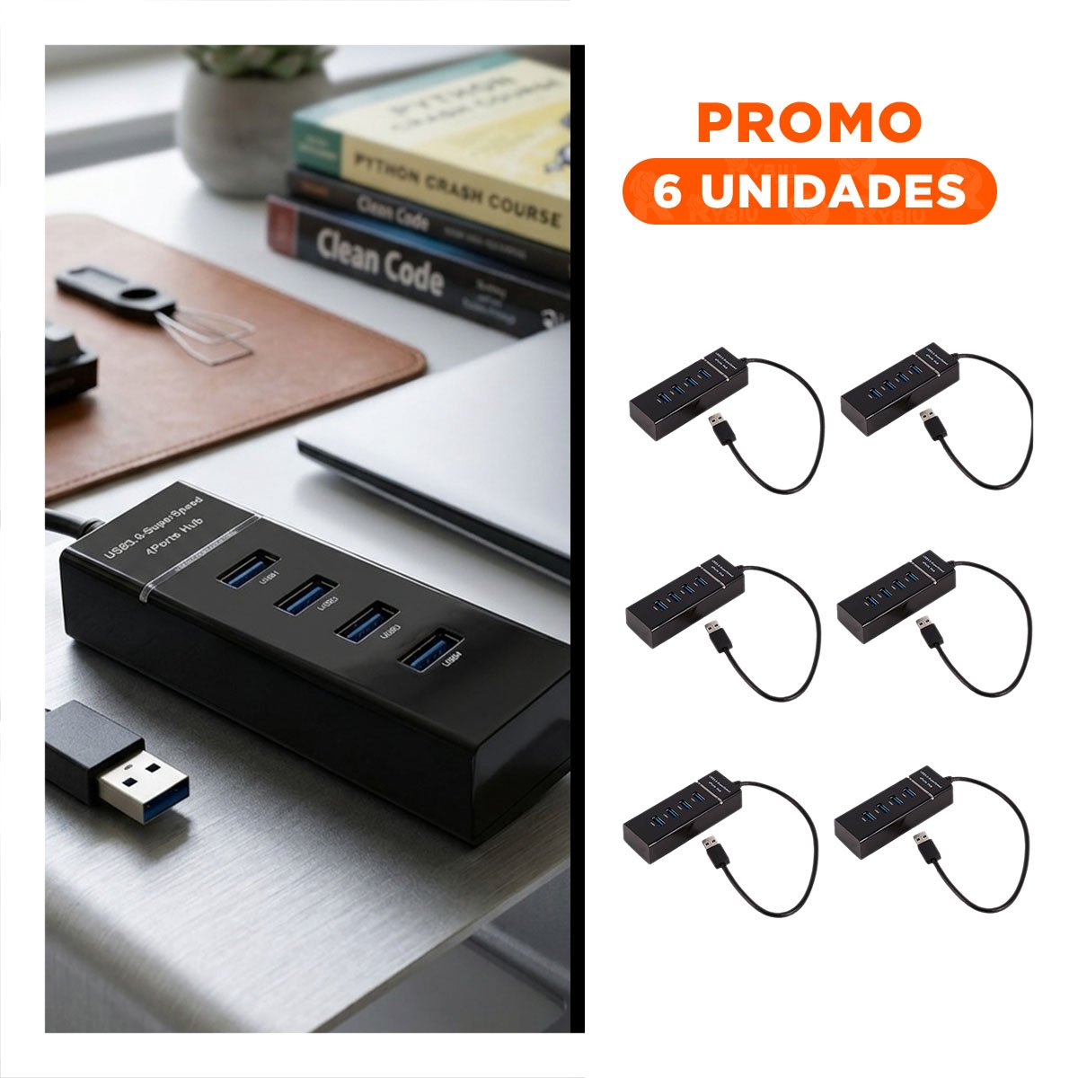 PACK6 CONECTOR 4 ENTRADAS HUB 303 COLOR NEGRO PARA COMPUTADORA Y LAPTOP Y+PAPEL REGALO - 1