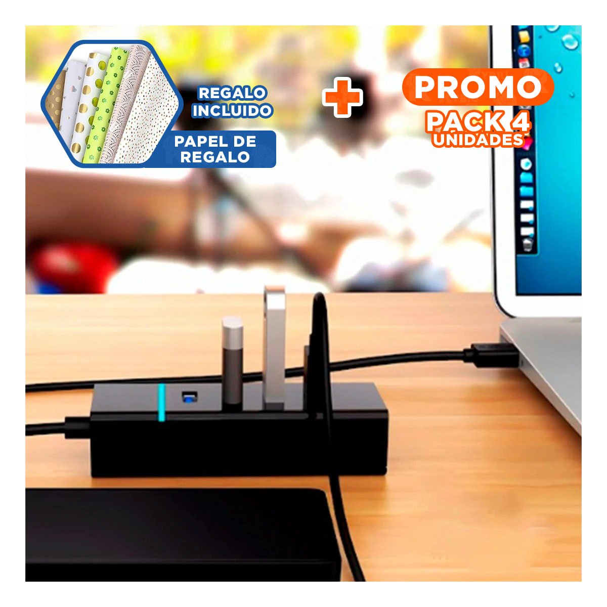 PACK4 CONECTOR HUB 303 NEGRO 4 ENTRADAS COMPATIBLE CON LAPTOP Y ACCESORIOS Y+PAPEL REGALO - 1