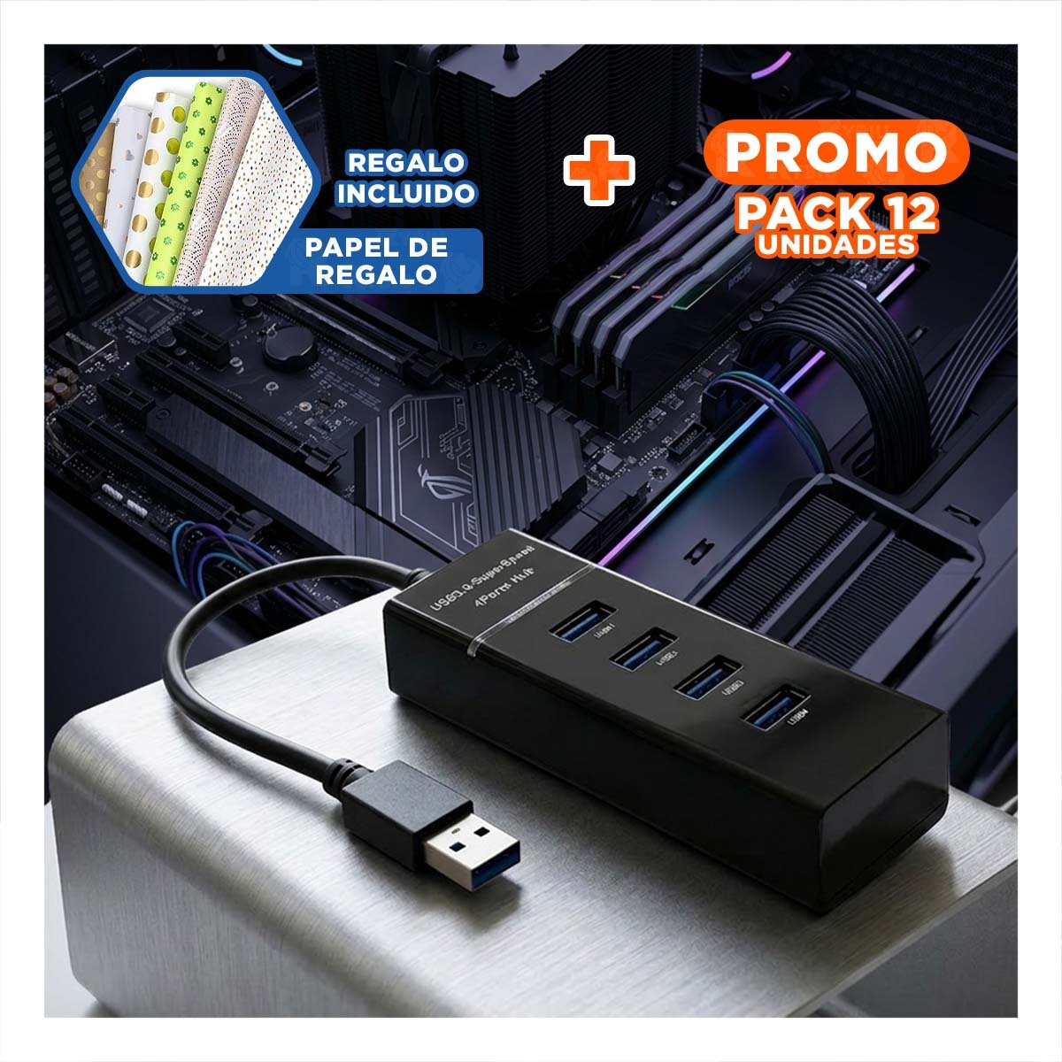 PACK12 ADAPTADOR 4 ENTRADAS HUB 303 NEGRO PARA COMPUTADORA Y DISPOSITIVOS Y+REGALO STICKER - 1