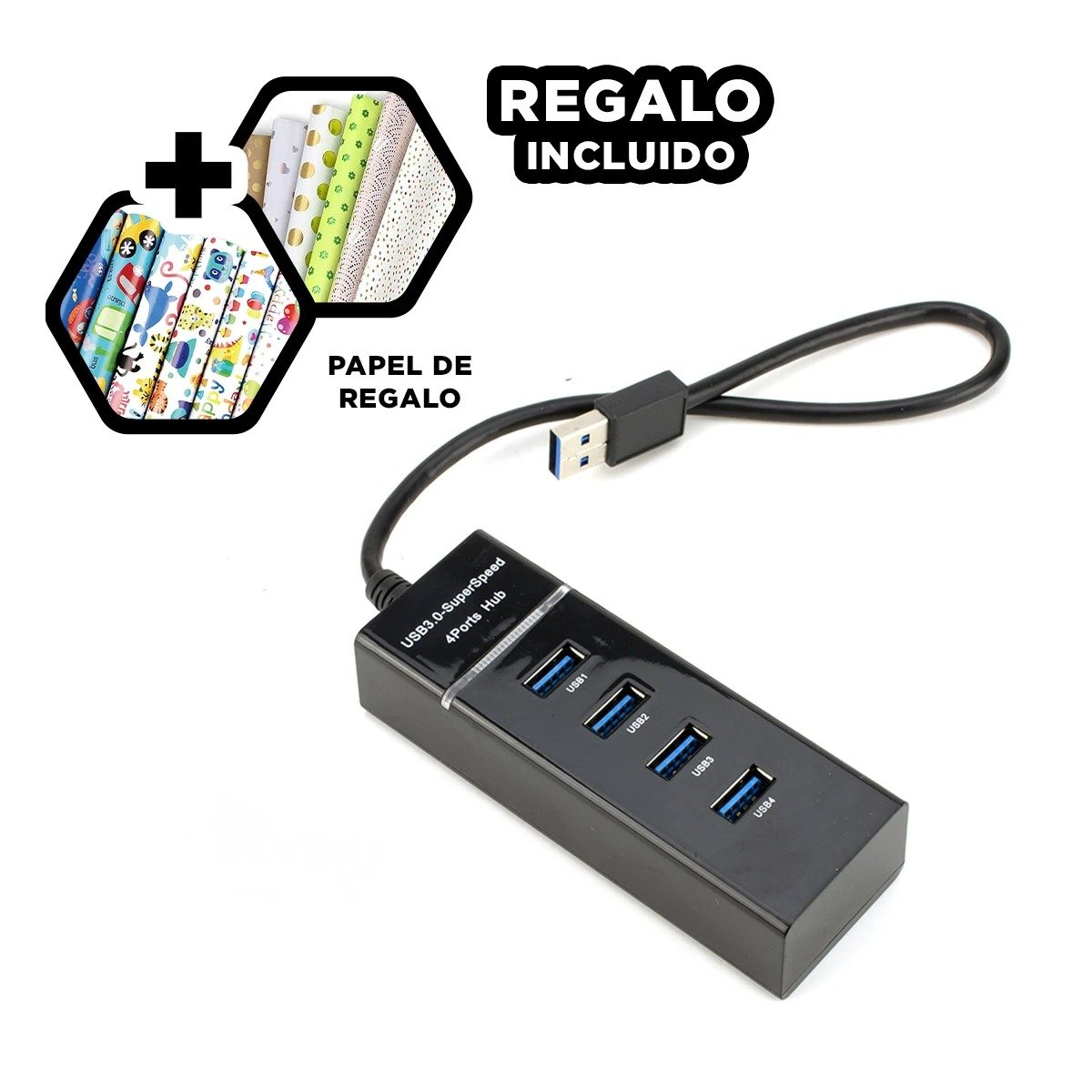 ADAPTADOR NEGRO HUB 303 4 ENTRADAS PARA OFICINA Y LAPTOP Y+REGALO STICKER - 1