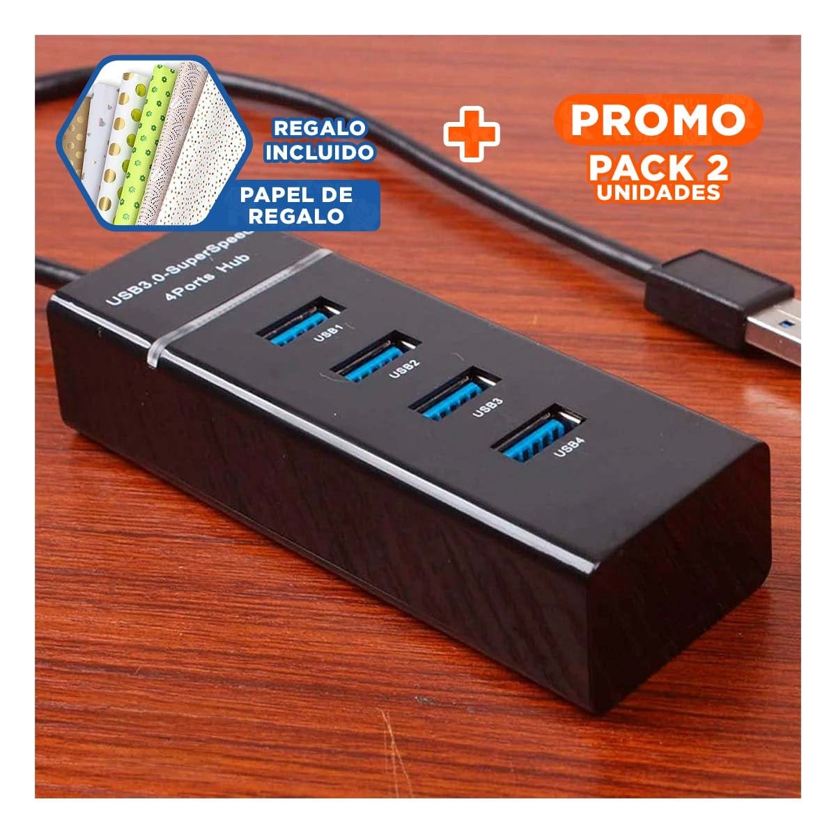 PACK2 ADAPTADOR 4 ENTRADAS HUB 303 COLOR NEGRO PARA OFICINA Y DISPOSITIVOS Y+PAPEL REGALO - 1