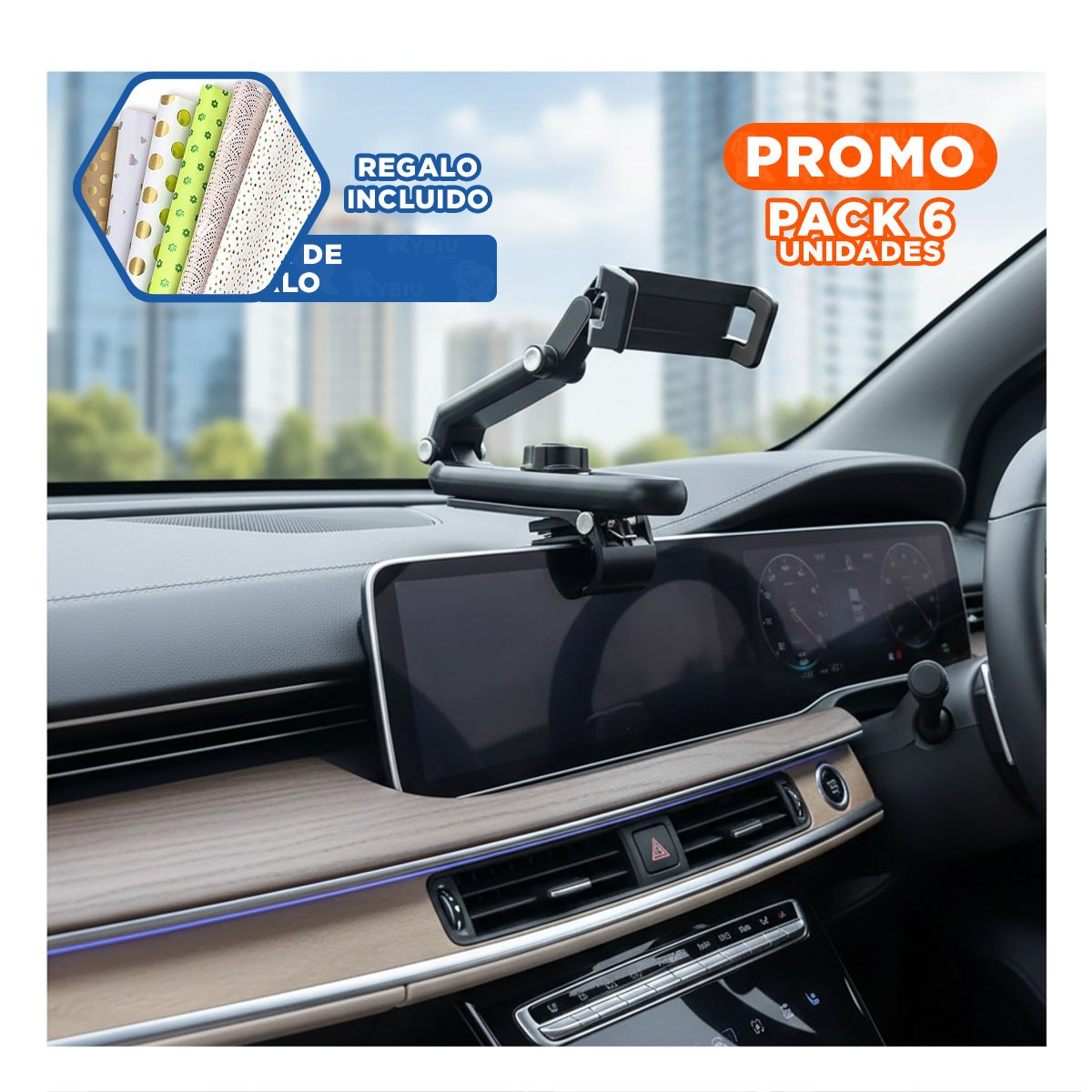 PACK6 PORTA CELULAR PARA AUTO COLOR NEGRO CON CLIP AJUSTABLE Y INSTALACION FACIL Y+PAPEL REGALO - 1