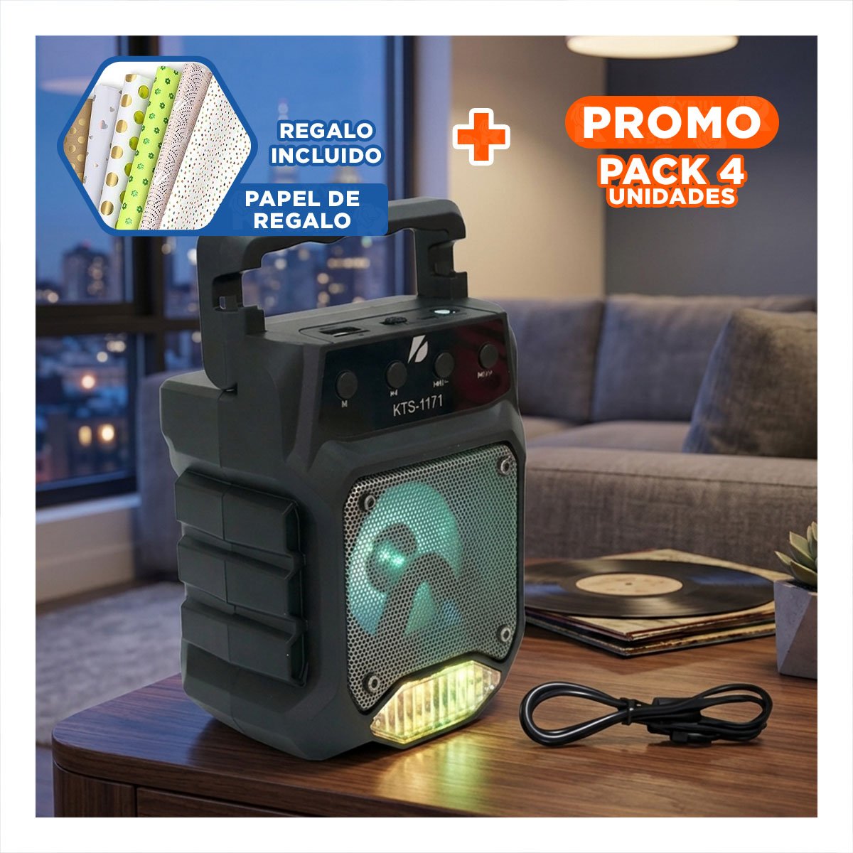 PACK6 ALTAVOZ NEGRO CON BASE Y PARLANTE PEQUENO INALAMBRICO BLUETOOTH Y+PAPEL REGALO - 1