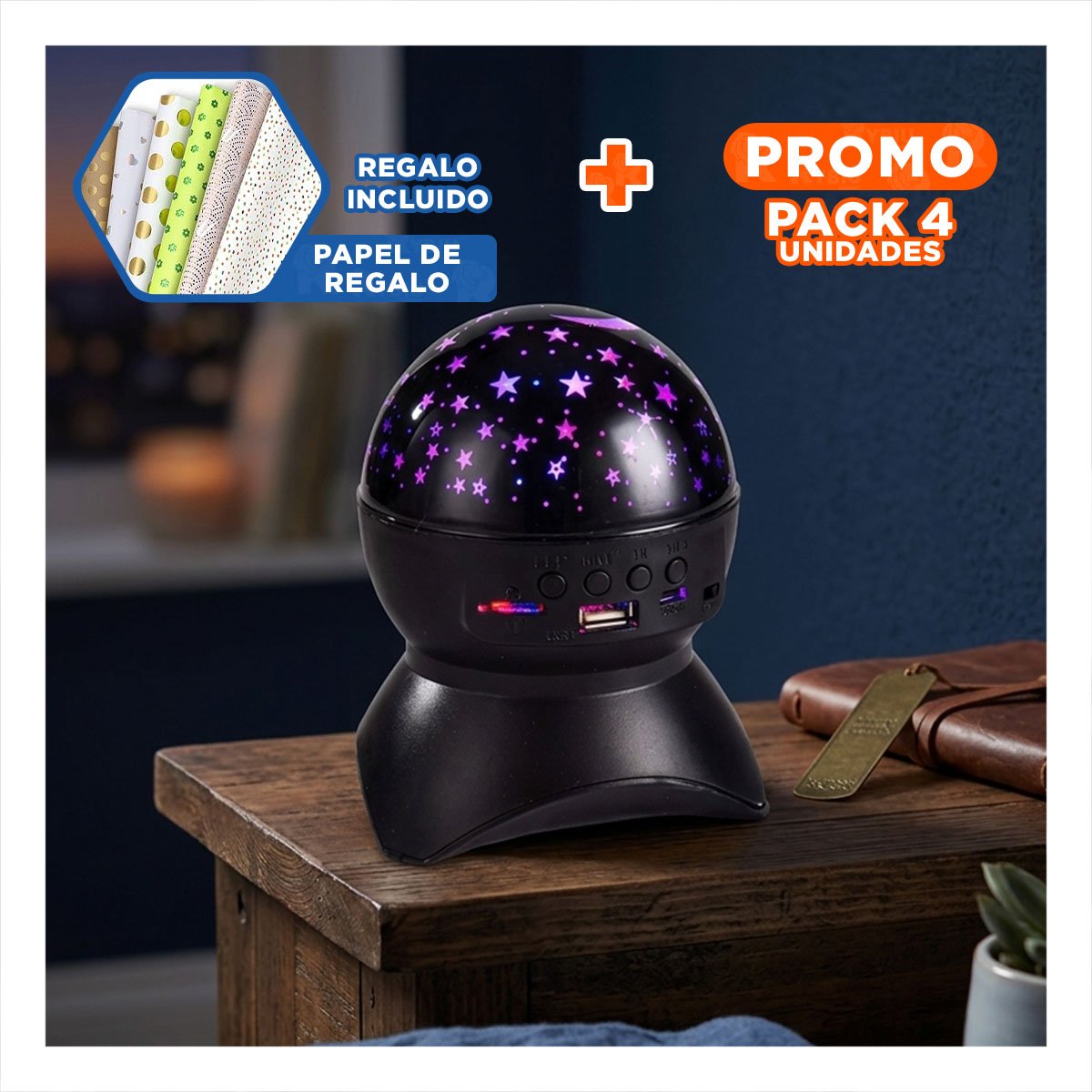 PACK4 ALTAVOZ COLOR NEGRO CON EFECTO AMBIENTAL Y LAMPARA PARA SALA Y+PAPEL REGALO - 1