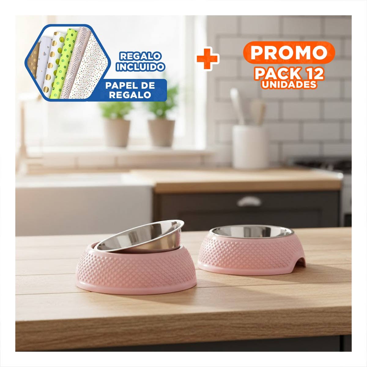 PACK12 BANDEJA ROSADO PASTEL CON CORAZONES EN RELIEVE, ACERO Y DESMONTABLE Y+PAPEL REGALO - 1