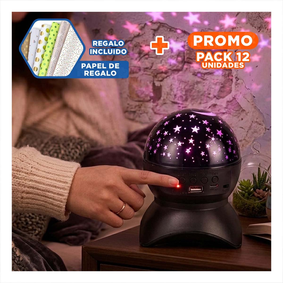 PACK12 ALTAVOZ NEGRO CON TONOS MULTICOLOR Y LAMPARA PARA DORMITORIO Y+PAPEL REGALO - 1