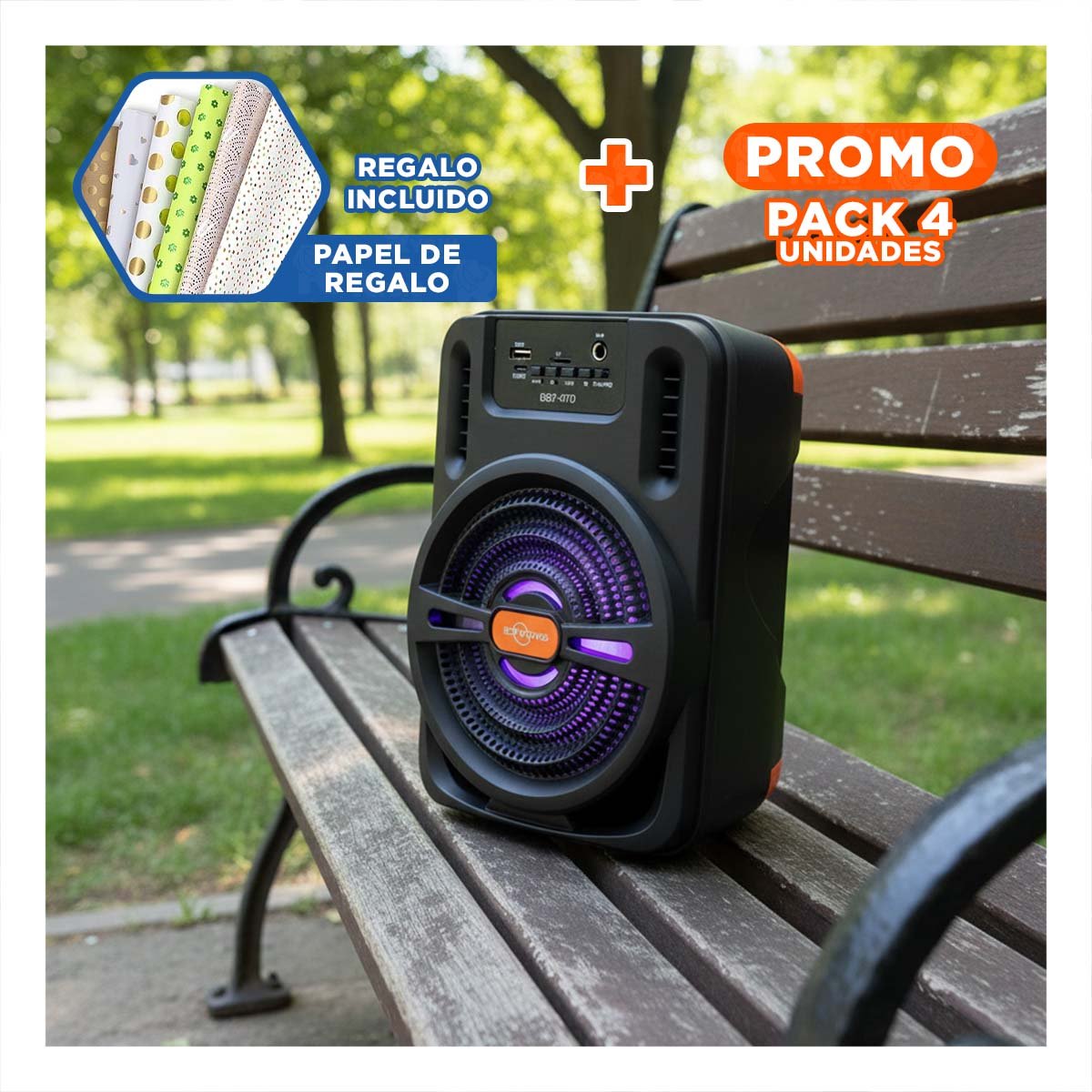 PACK2 BOCINA INALAMBRICA NEGRA CON BLUETOOTH Y LUCES LED PARA REUNIONES Y+PAPEL REGALO - 1