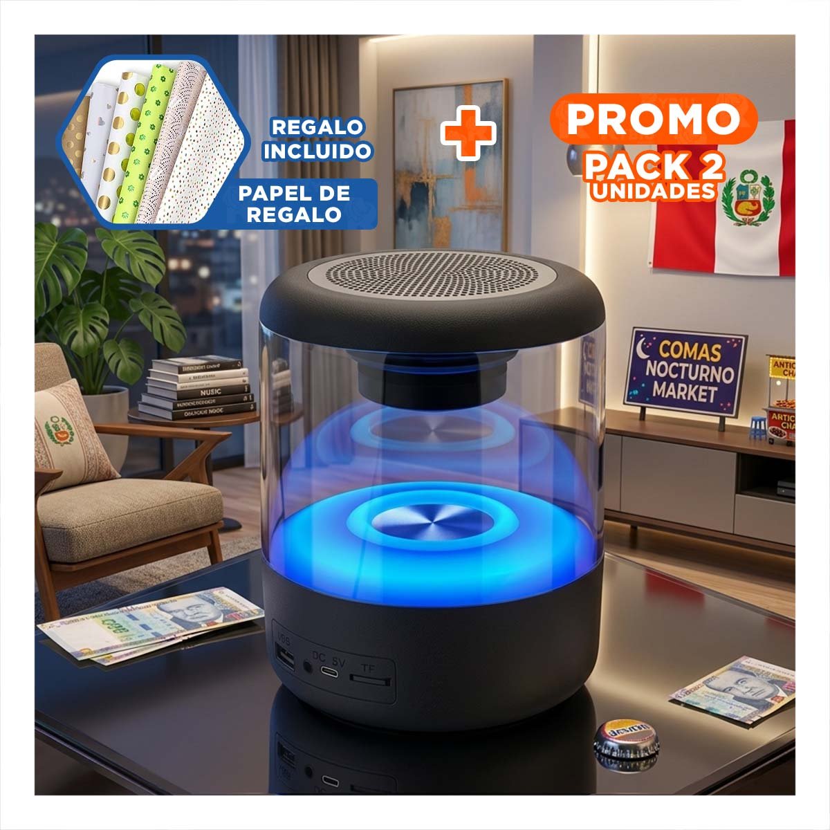 PACK4 PARLANTE WIRELESS CON DECORACION MINIMALISTA Y LUZ AMBIENTAL - 1