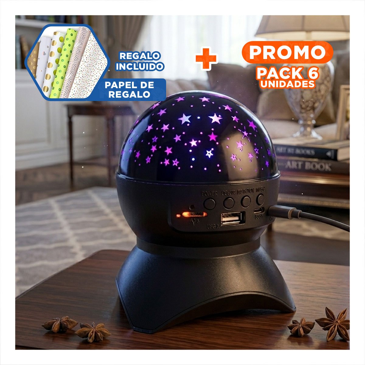 PACK6 ALTAVOZ CON LUZ REGULABLE COLOR NEGRO Y LAMPARA PARA HOGAR Y+PAPEL REGALO - 1