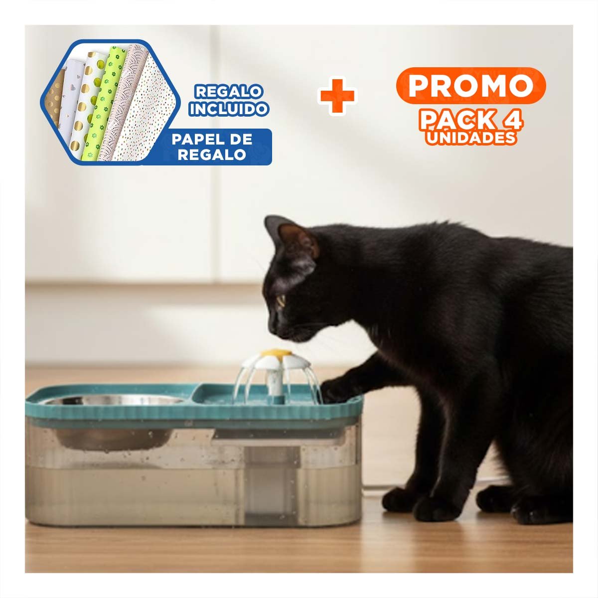 PACK4 FUENTE DOBLE RECTANGULAR PET CELESTE PARA UN COMEDOR MUY ACTIVO Y+PAPEL REGALO - 1