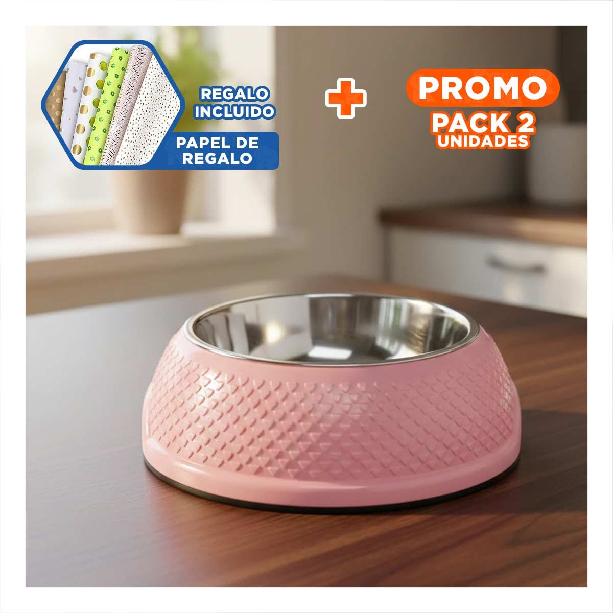 PACK2 PLATO ROSADO PASTEL CON CORAZONES EN RELIEVE, DESMONTABLE Y DE ACERO Y+PAPEL REGALO - 1