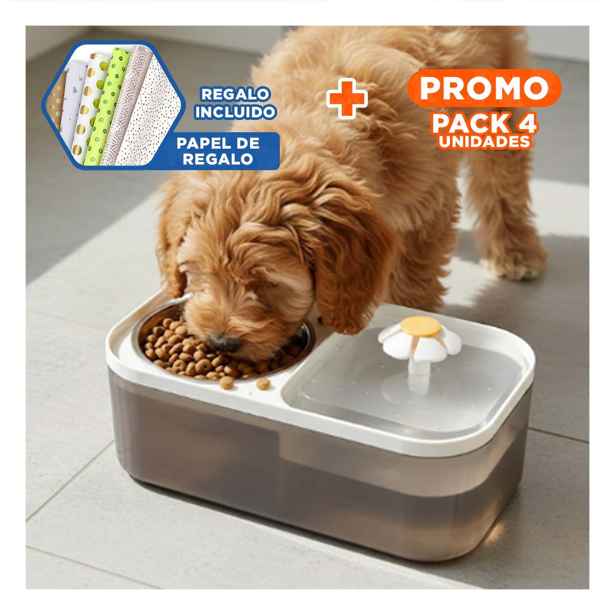 PACK4 FUENTE DOBLE RECTANGULAR PET BLANCO PARA UN COMEDOR MUY ACTIVO Y+PAPEL REGALO - 1