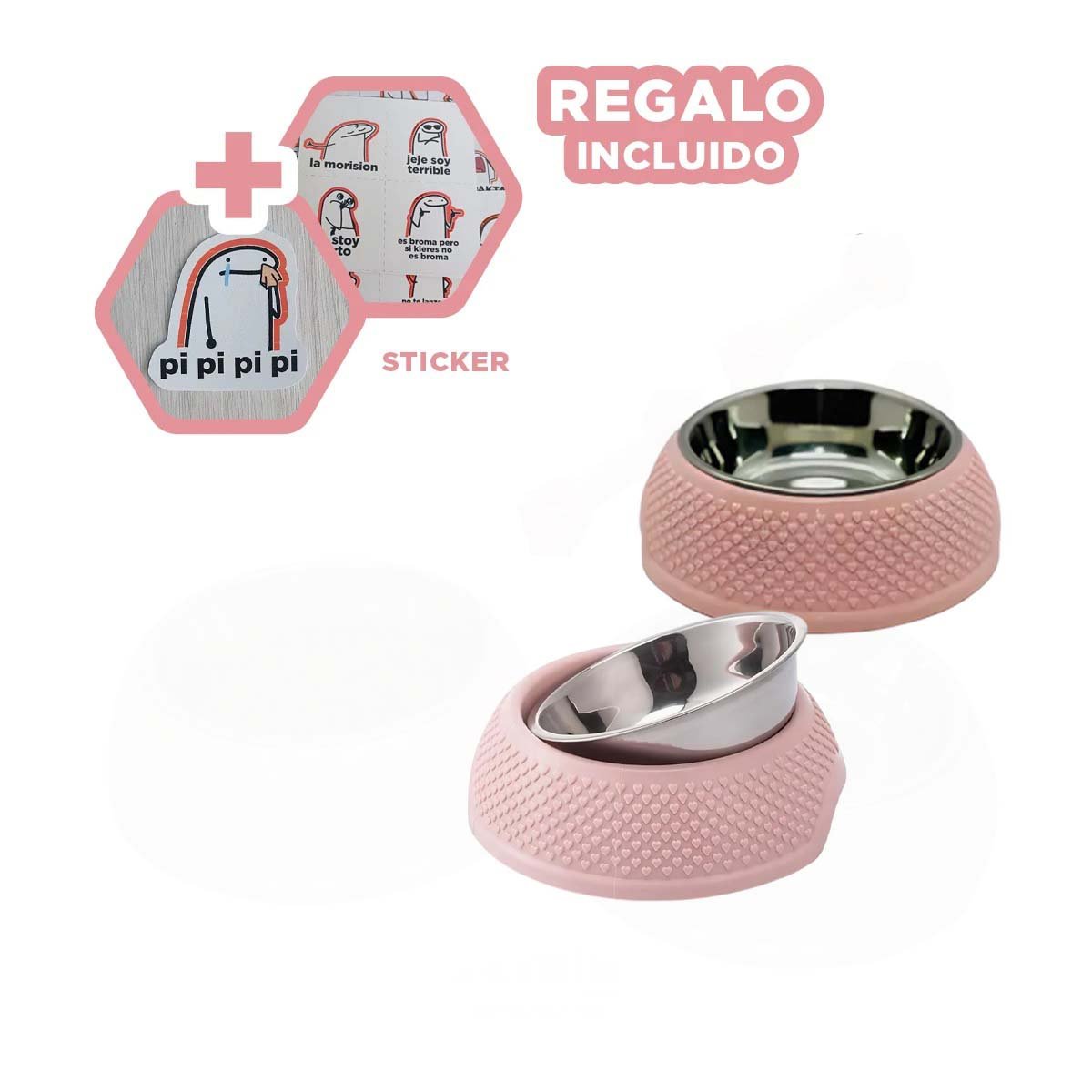 COMEDERO ROSADO PASTEL CON CORAZONES EN RELIEVE Y DESMONTABLE DE ACERO Y+REGALO STICKER - 1