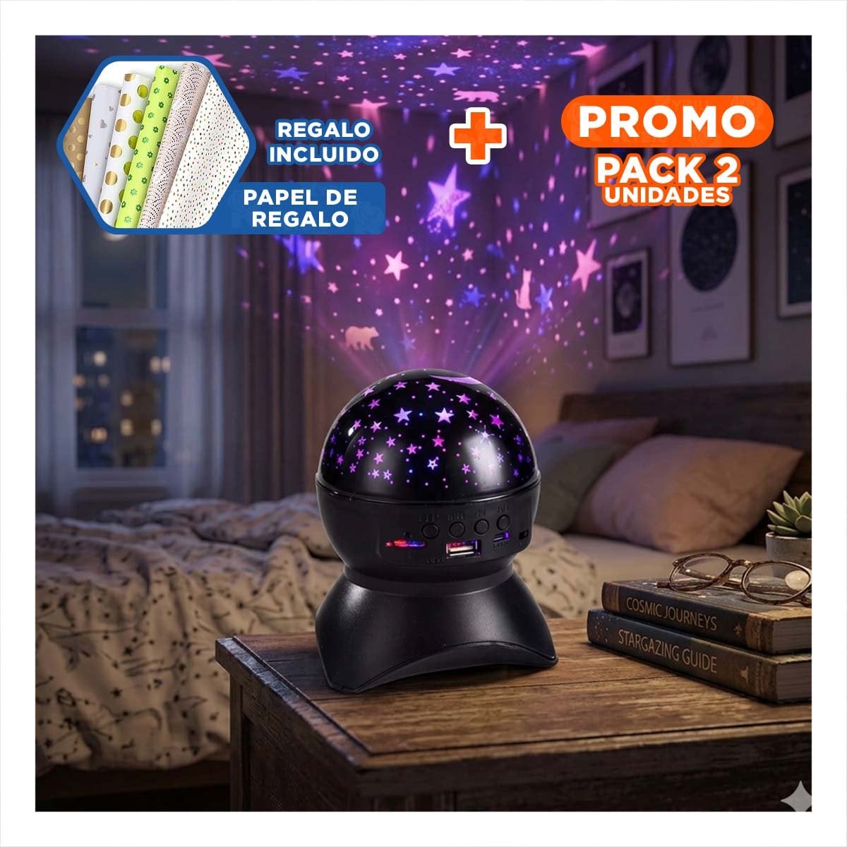 PACK2 BOCINA COLOR NEGRO CON FUNCION PORTÁTIL Y LAMPARA PARA SALA Y+PAPEL REGALO - 1