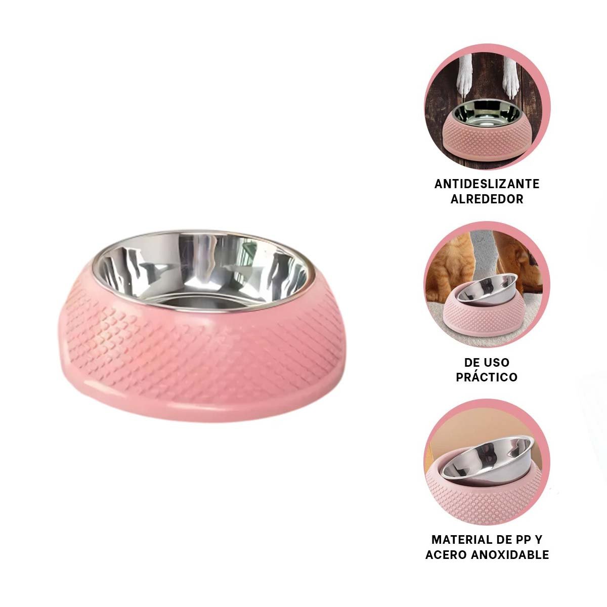 COMEDERO DESMONTABLE ROSADO PASTEL CON CORAZONES EN RELIEVE Y ACERO COMODO - 3