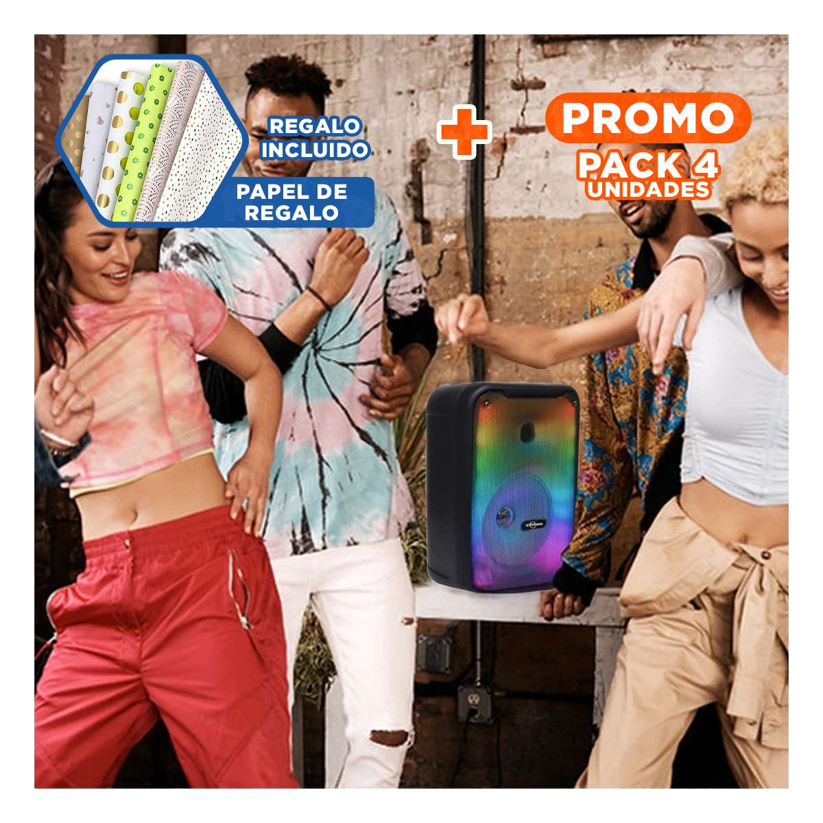 PACK4 BOCINA RECARGABLE PARA DECORACION CON LUCES LED Y BLUETOOTH DE 8 PULG Y+REGALO STICKER - 1