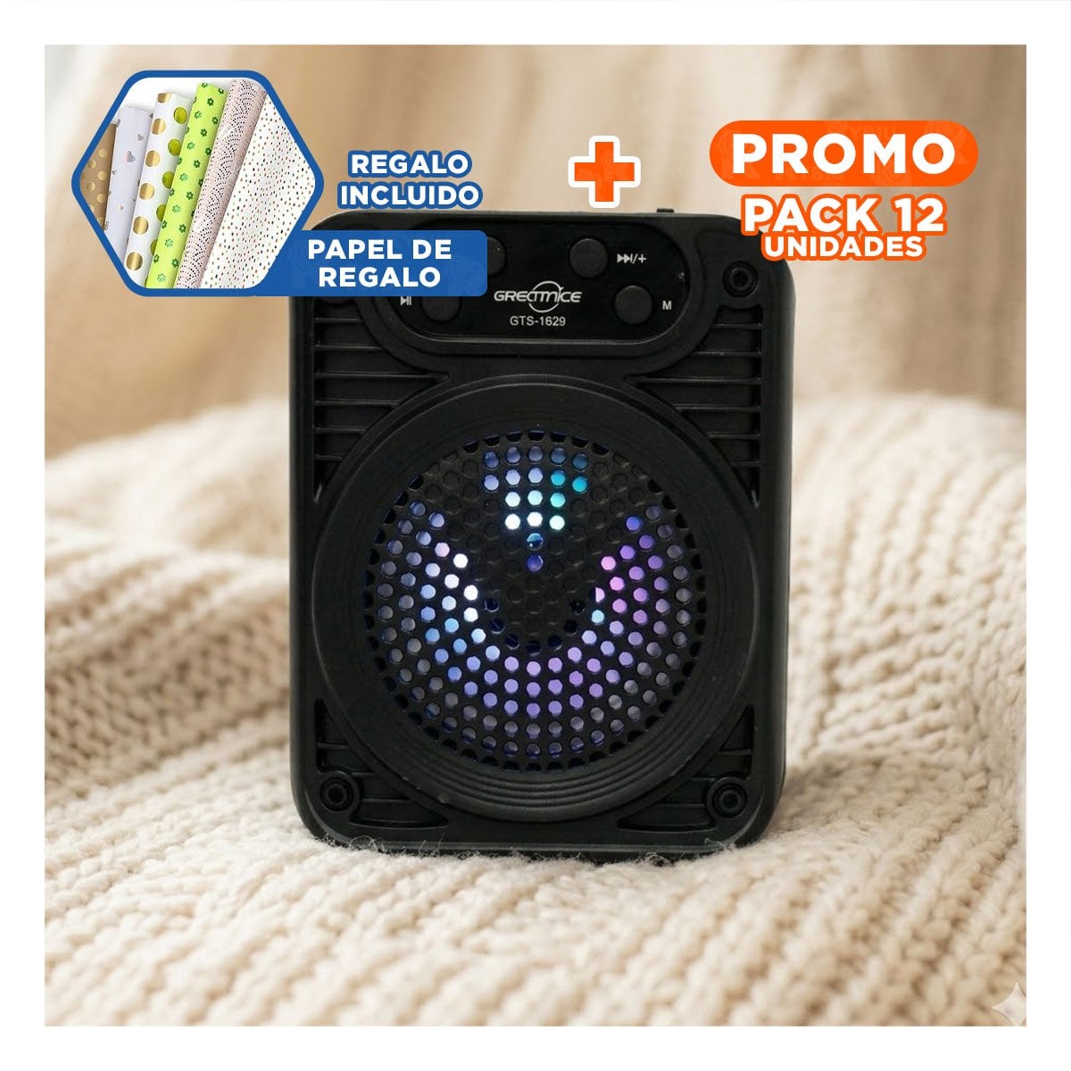 PACK12 BOCINA DE PLASTICO CON PANEL SOLAR 3 PULGADAS CARGA RAPIDA Y BUEN AUDIO Y+PAPEL REGALO - 1