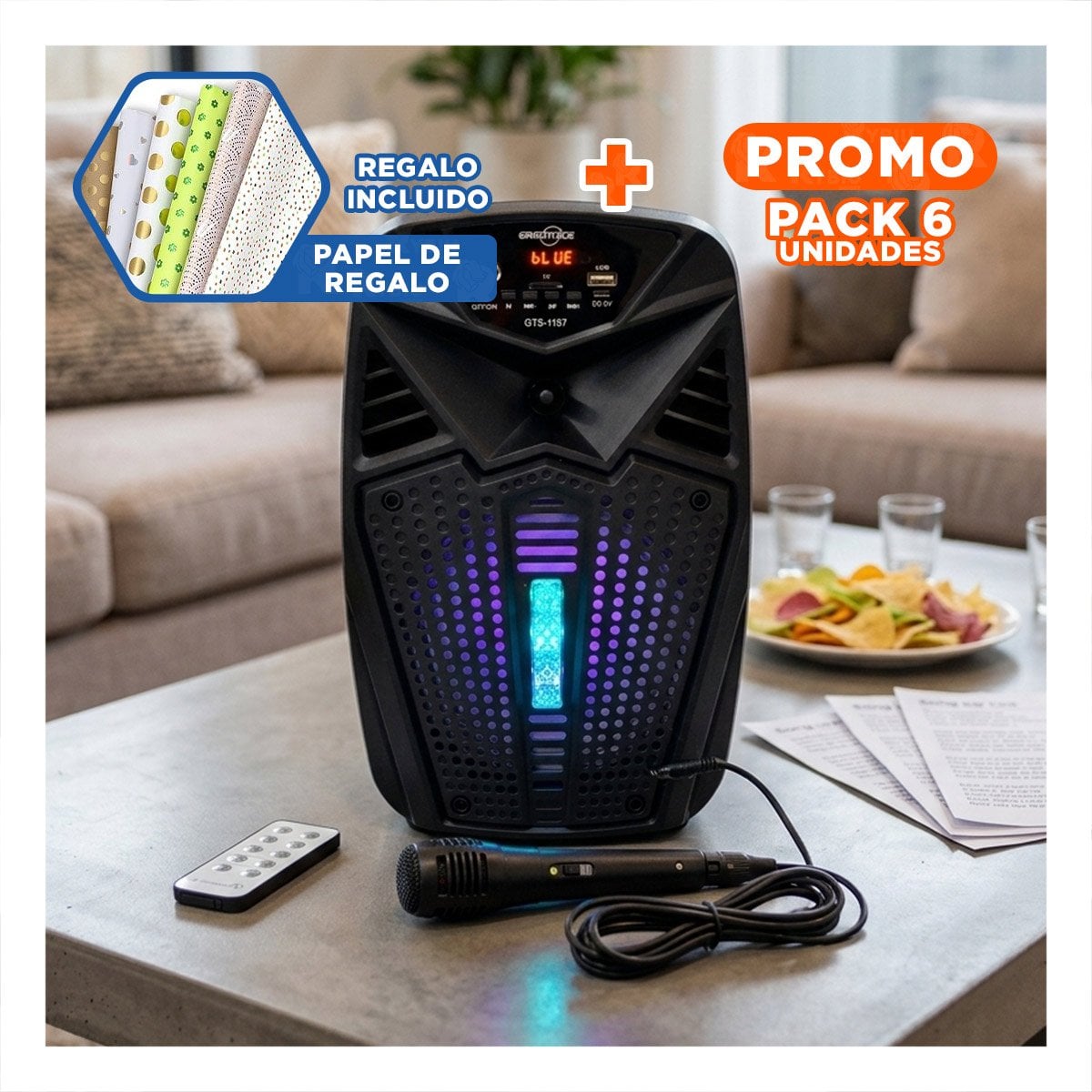 PACK6 BOCINA CON RADIO FM Y TECNOLOGIA INALAMBRICA DE 6,5 PULGADAS PARA LA CASA Y+PAPEL REGALO - 1