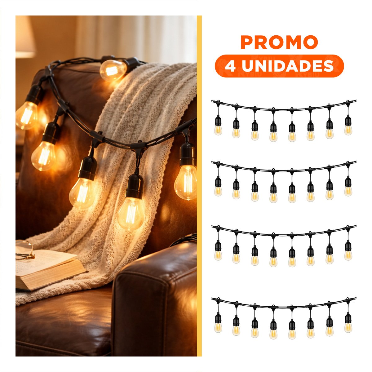 PACK4 TIRA PARA EXTERIOR 10 BOMBILLAS 5 METROS NEGRO VINTAGE DE COBRE Y DE PVC Y+REGALO STICKER - 1