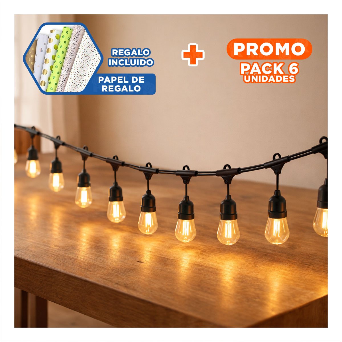 PACK6 CADENA DE AMBITO 10 BOMBILLAS 5 METROS NEGRO VINTAGE DE COBRE Y DE PVC Y+REGALO STICKER - 1