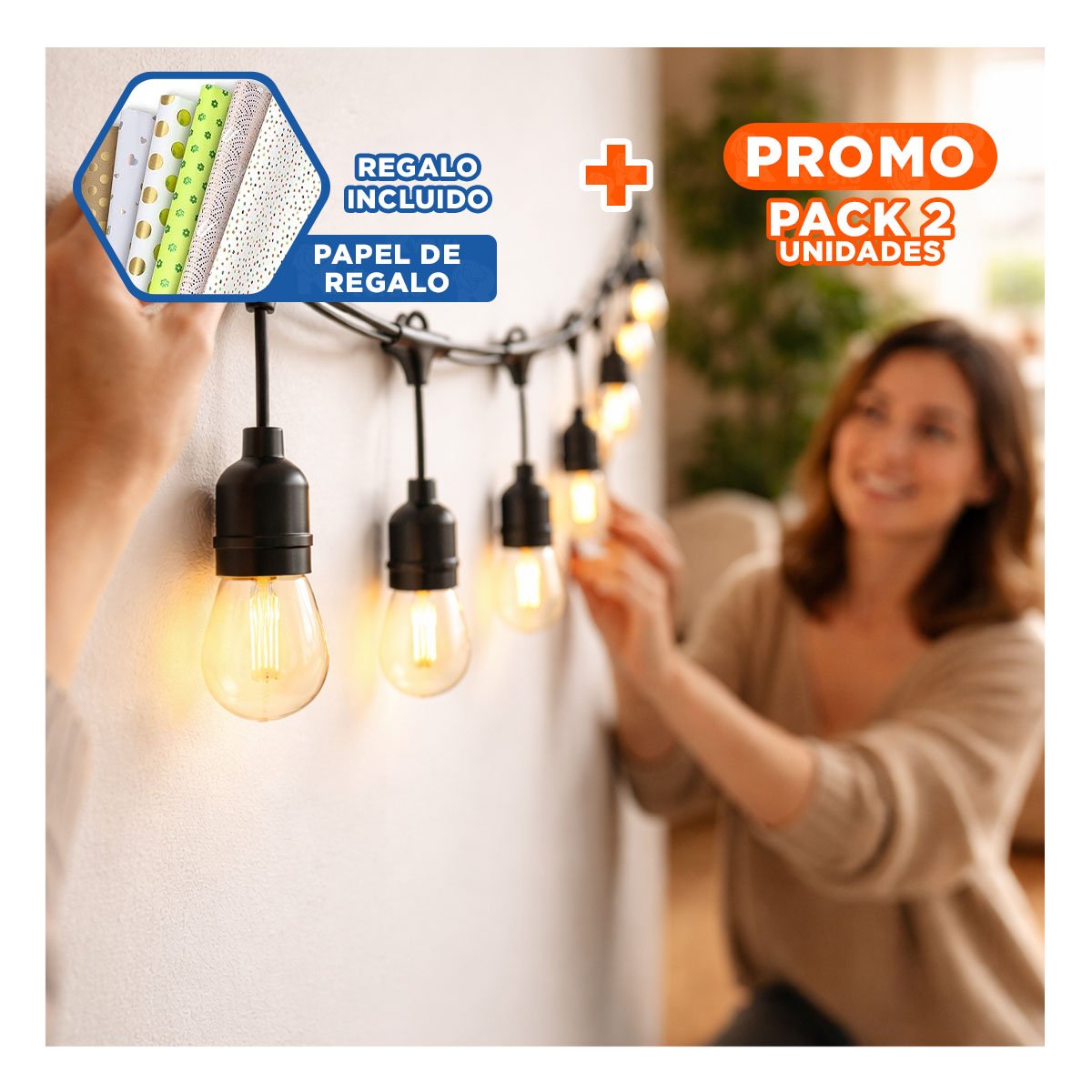 PACK2 SERIE DECORACION 5 METROS 10 BOMBILLAS NEGRO VINTAGE DE COBRE Y DE PVC Y+PAPEL REGALO - 1