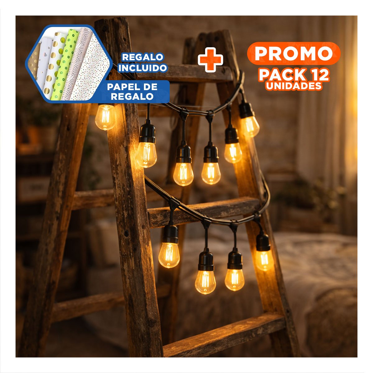 PACK12 SERIE PARA BALCONES 5 METROS 10 BOMBILLAS NEGRO VINTAGE DE COBRE Y PVC Y+REGALO STICKER - 1