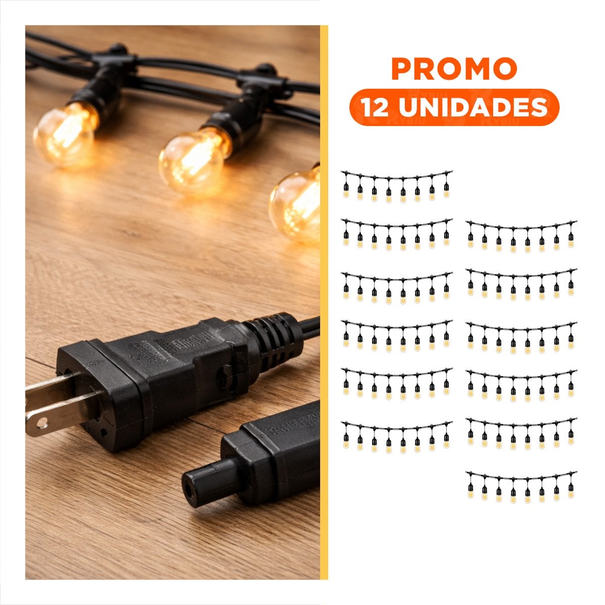 PACK12 EXTENSION PARA PASILLO 5 METROS 10 BOMBILLAS NEGRO VINTAGE DE COBRE Y PVC - 1