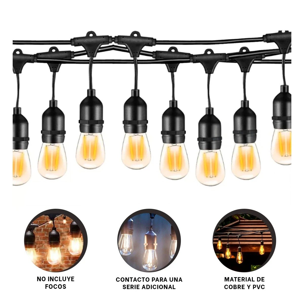 PACK2 EXTENSION DE 10 METROS NEGRO PARA 20 BOMBILLAS VINTAGE DE COBRE CON EL PVC - 5