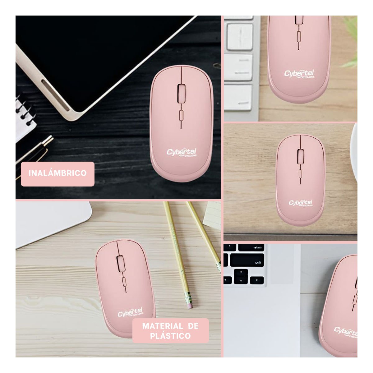 PACK6 RATON INALAMBRICO CYBERTEL ROSADO PARA TRABAJO DISENO ERGONOMICO Y RAPIDO Y+PAPEL REGALO - 3