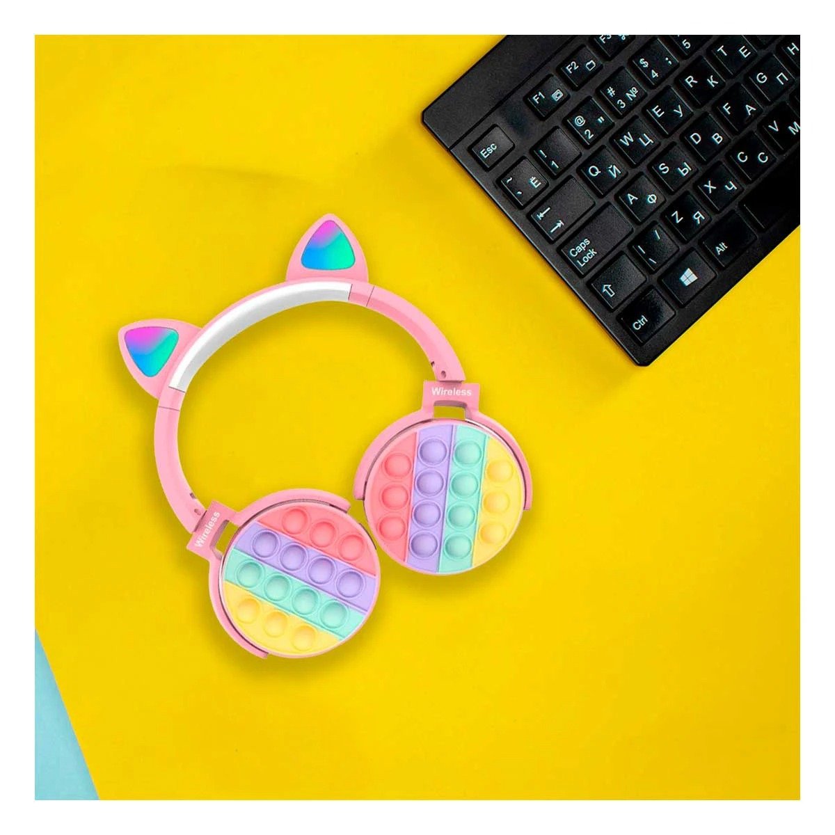 PACK2 AUDIFONO CON LUZ LED OREJAS DE GATO POP IT ROSADO ESTILO GAMER Y+PAPEL REGALO - 2