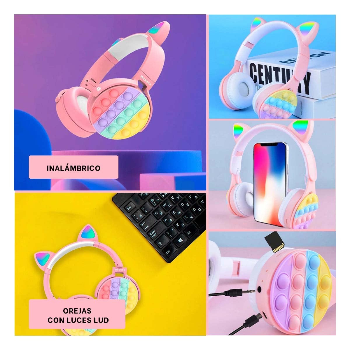 PACK2 AUDIFONO CON LUZ LED OREJAS DE GATO POP IT ROSADO ESTILO GAMER Y+PAPEL REGALO - 3