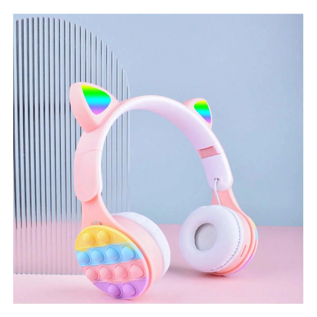 PACK2 AUDIFONO CON LUZ LED OREJAS DE GATO POP IT ROSADO ESTILO GAMER Y+PAPEL REGALO - 5
