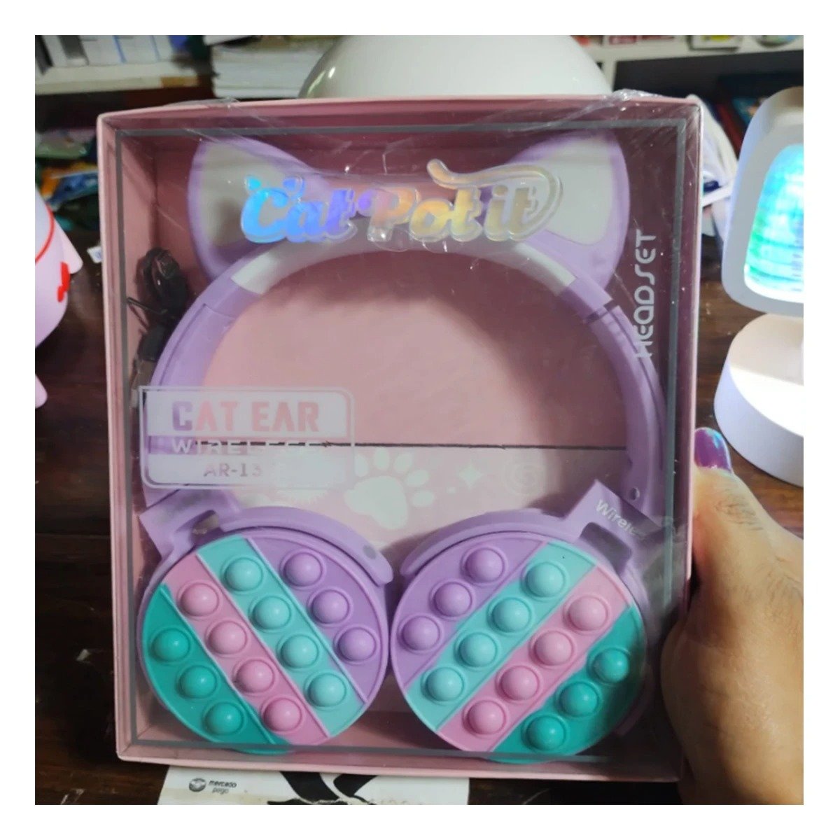 PACK6 AURICULARES BLUETOOTH CON OREJAS DE GATO POP IT LILA ESTILO MODERNO Y+REGALO STICKER - 5