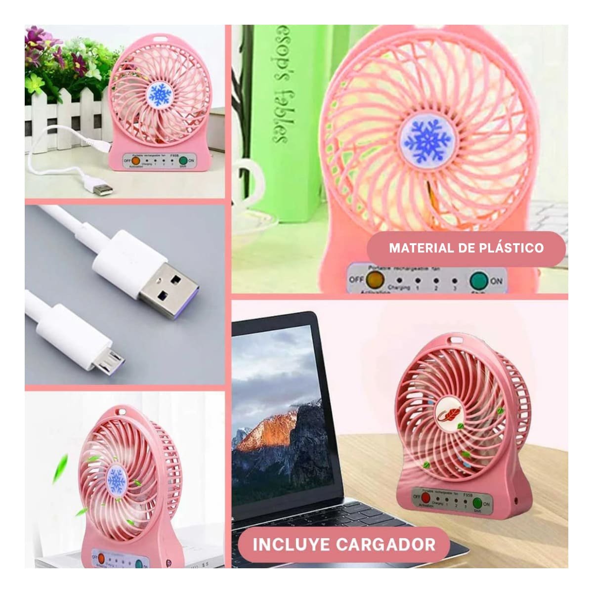 PACK2 REFRESCADOR MINI PORTATIL RECARGABLE ROSADO CON BATERIA USB Y+PAPEL REGALO - 3