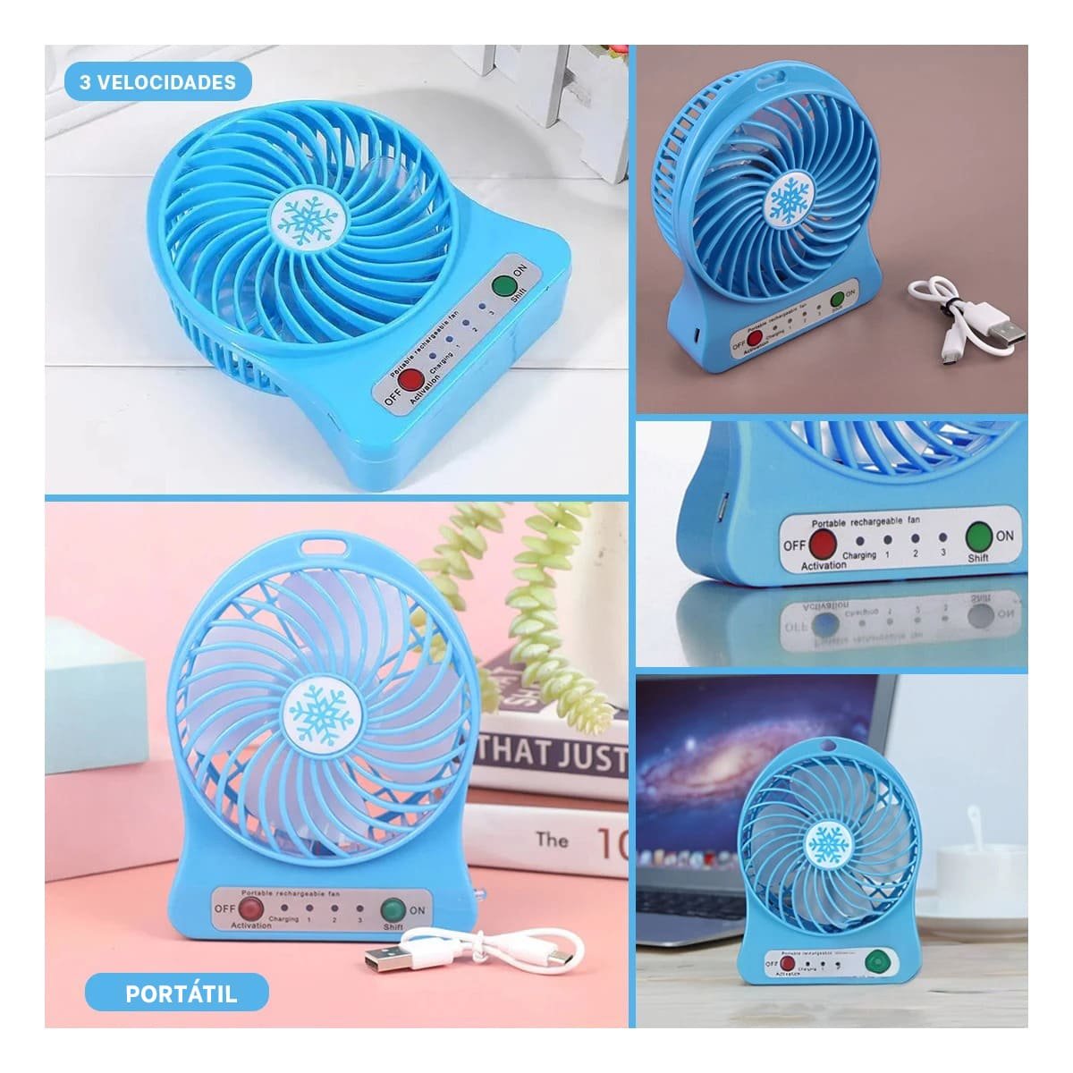 PACK4 AIREADOR MINI PORTATIL RECARGABLE AZUL PORTATIL COMPACTO CON BATERIA Y+REGALO STICKER - 2