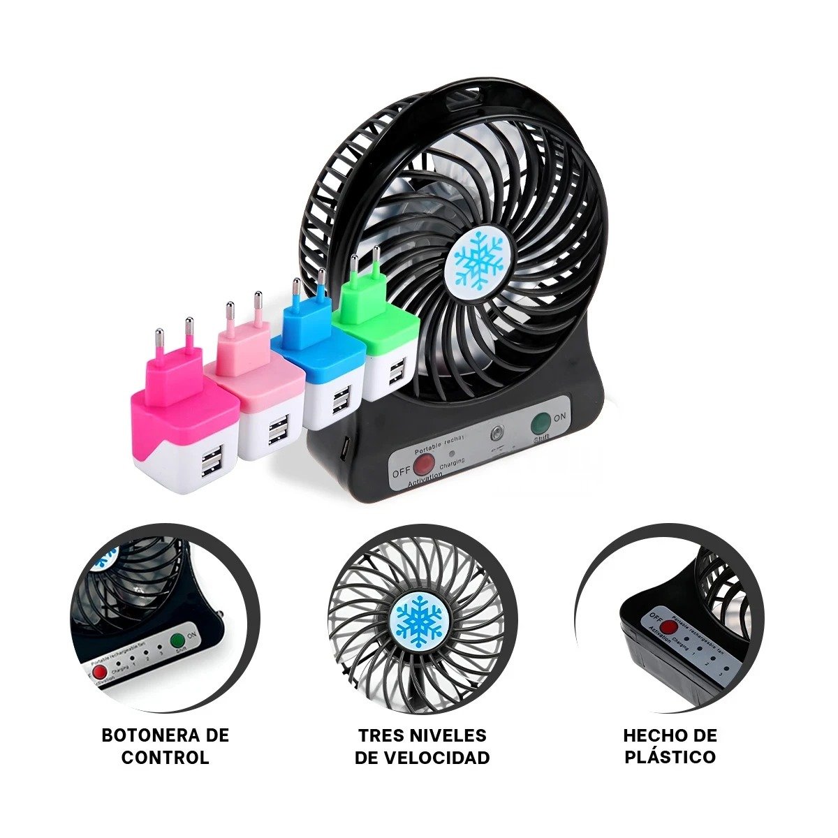 PACK6 VENTILADOR MINI PORTATIL RECARGABLE NEGRO PRACTICO LIGERO CON PUERTO USB Y+REGALO STICKER - 2