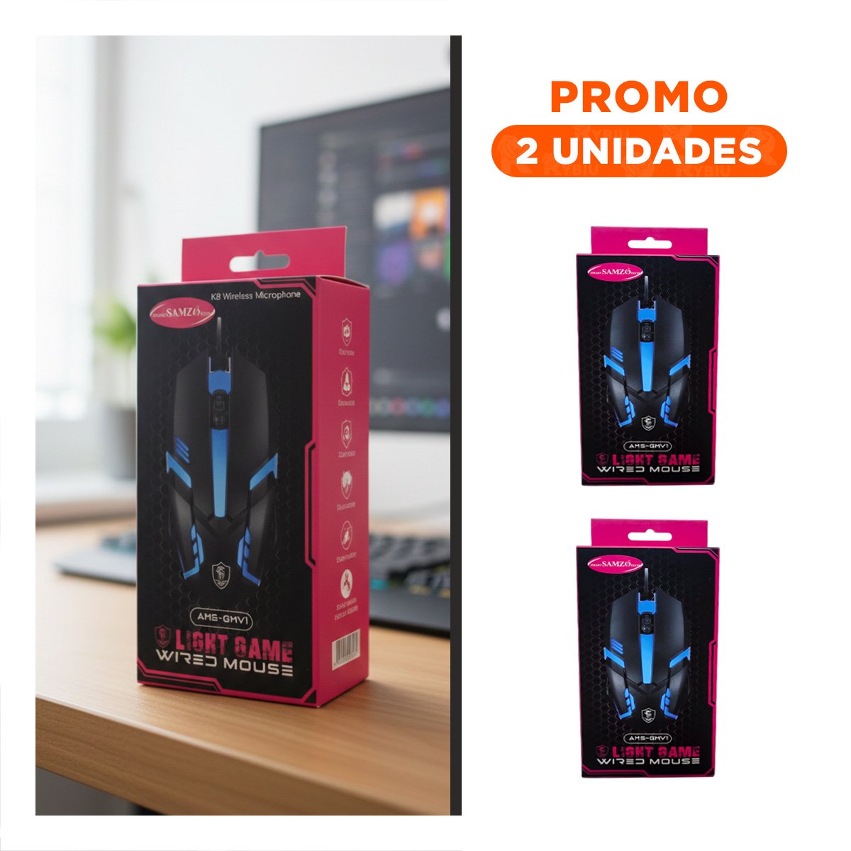 PACK2 MOUSE GAMER LIGKT NEGRO CON BOTONES PROGRAMABLES - 1