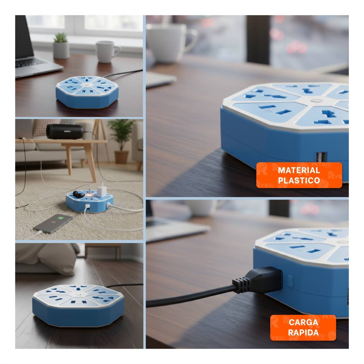 EXTENSION HEXAGONAL 4 PUERTOS 4 USB CELESTE PARA ESTACION DE CARGA EN CASA Y+LIGAS REGALO - 5