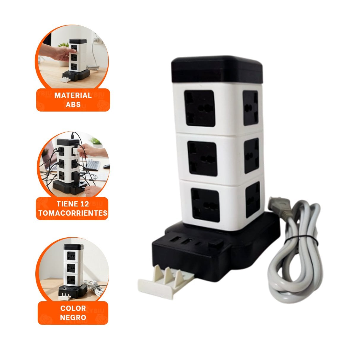 EXTENSION VERTICAL 12 TOMACORRIENTES CON 2 USB NEGRO PARA COMPUTADORA Y LAPTOP - 3