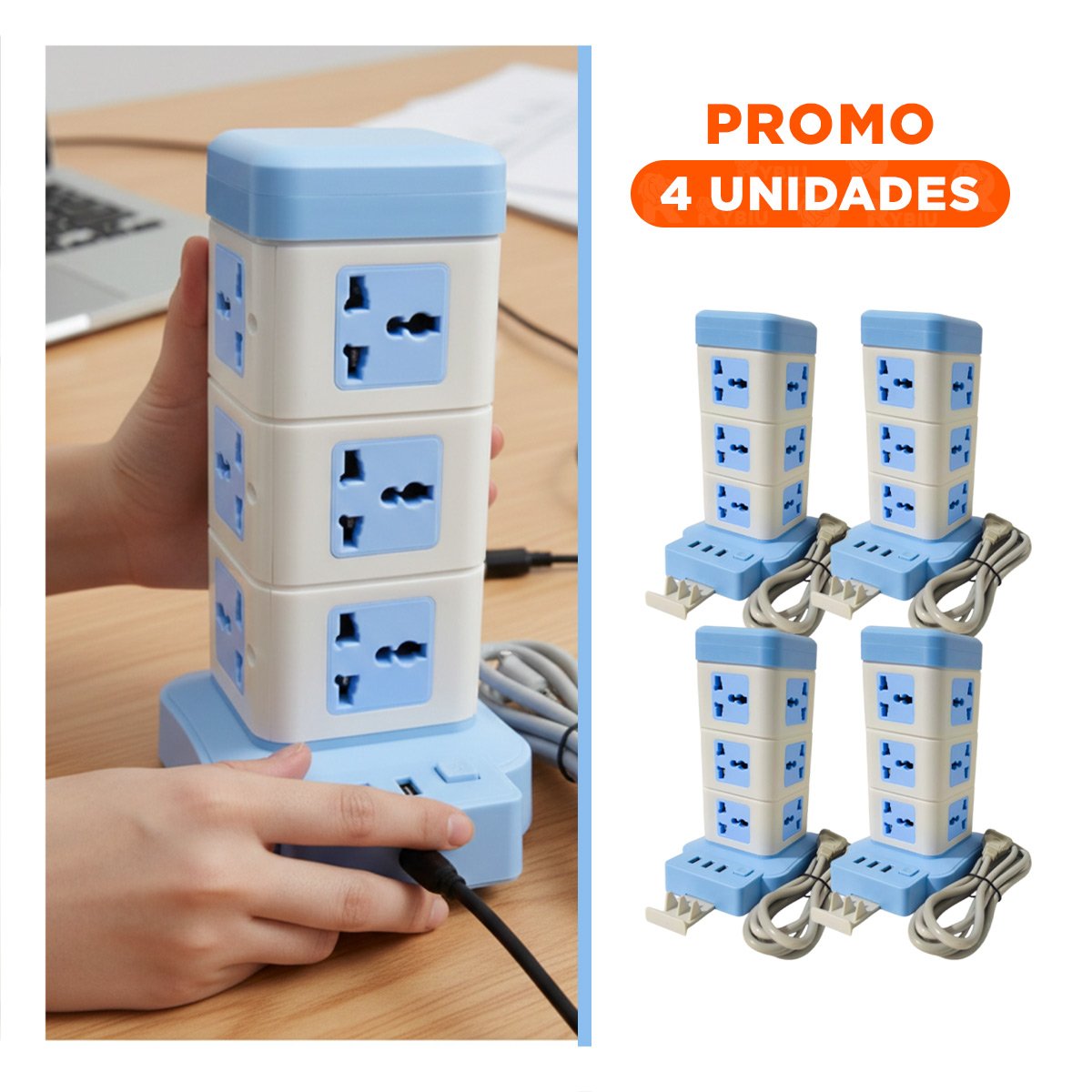 PACK4 MULTITOMA VERTICAL 12 TOMACORRIENTES CON 3 USB CELESTE PARA OFICINA Y+REGALO STICKER - 1