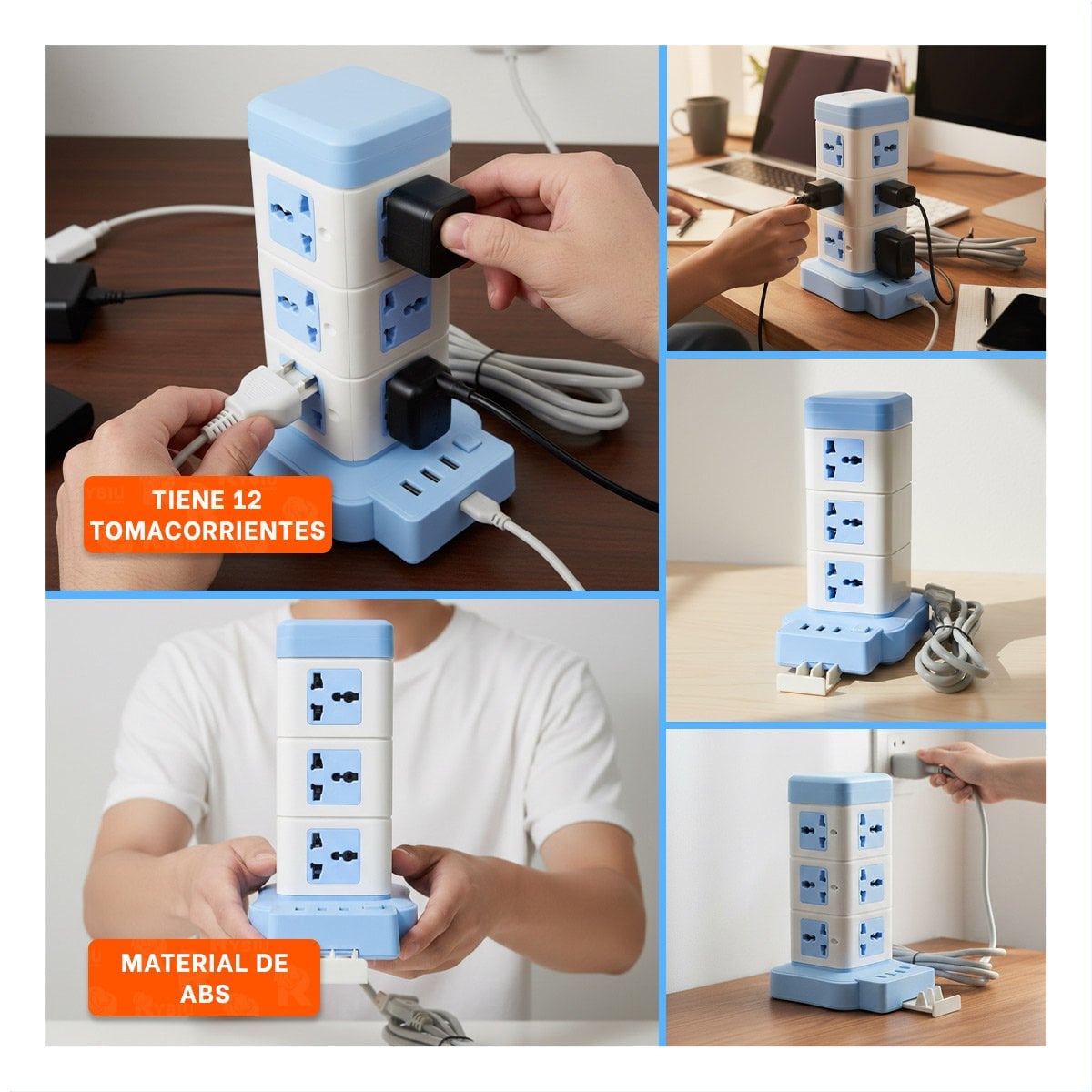 PACK4 MULTITOMA VERTICAL 12 TOMACORRIENTES CON 3 USB CELESTE PARA OFICINA Y+REGALO STICKER - 2